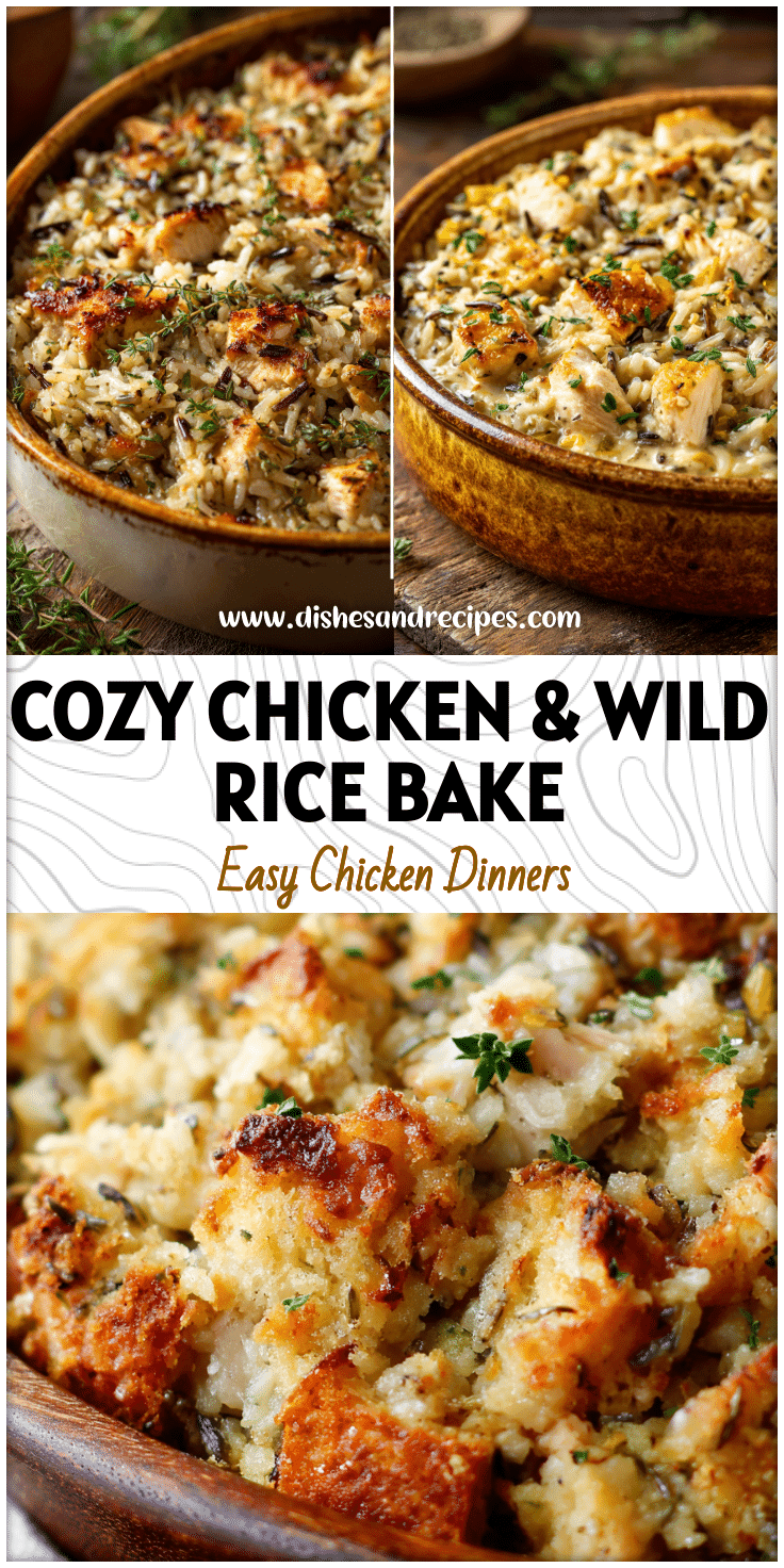 Golden baked Chicken and Wild Rice Casserole topped with herbs in a rustic dish